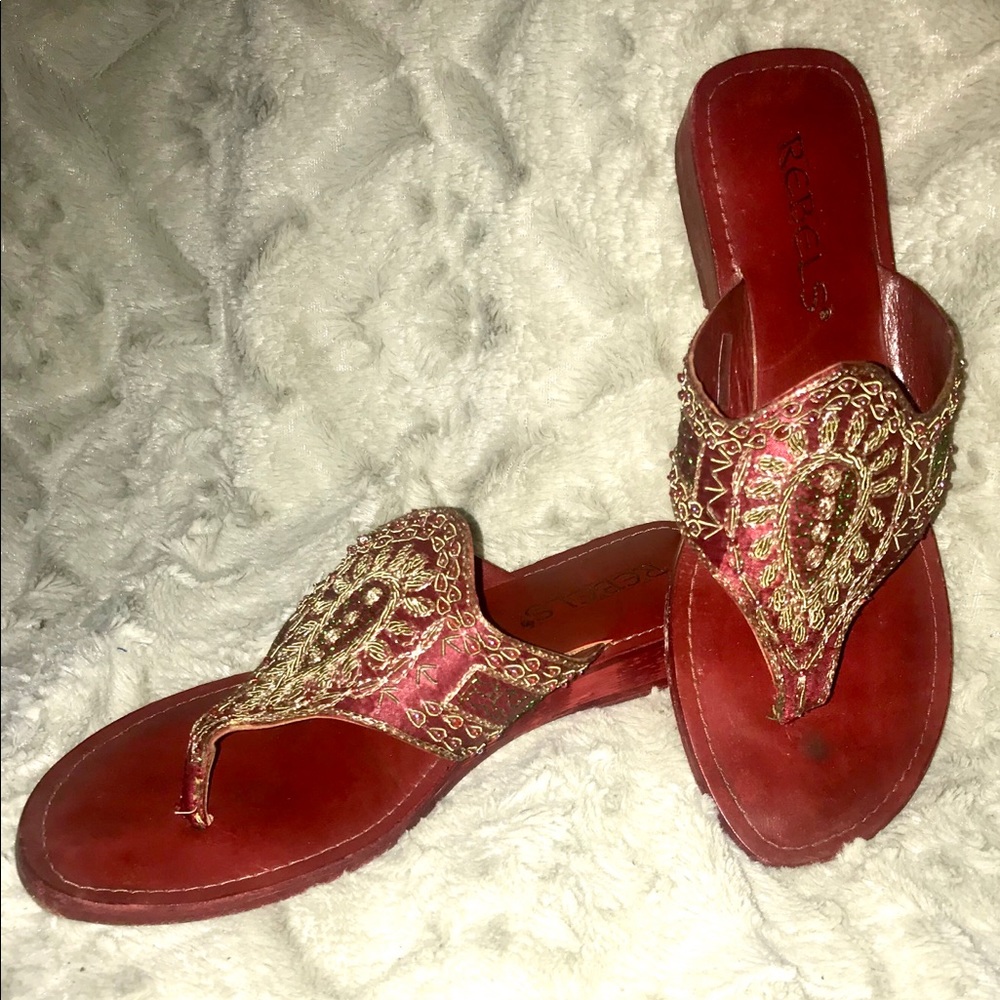 Boho red silk embroidered sandals
